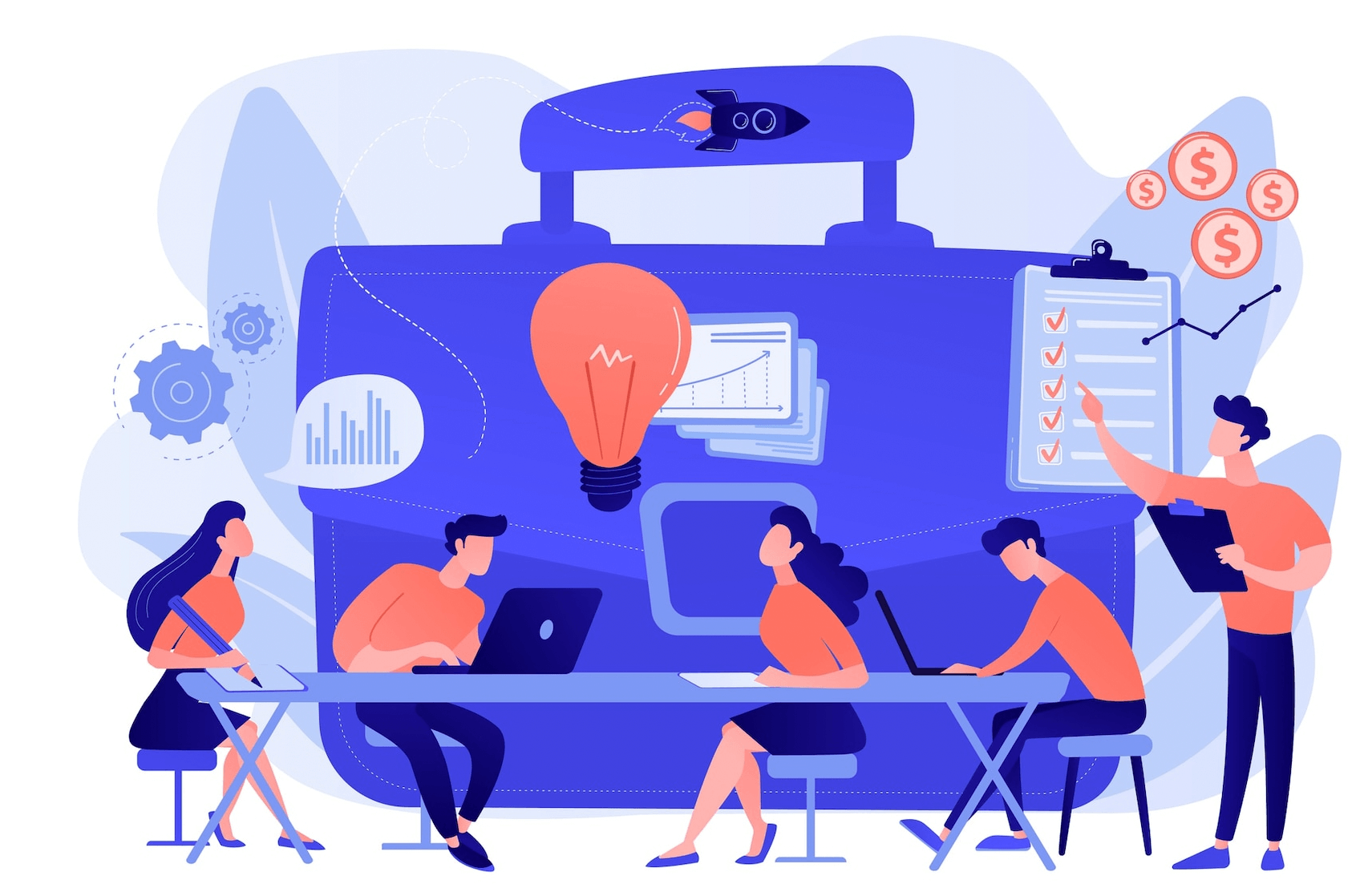 Запусти работает. HR Аналитика человечки. Business Trainer illustration. Спортзал в чемодане мозговой штурм рисунок.